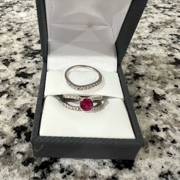Modern Bride Gemstone Lab Ruby & Lab Sapphire Sterling Silver Bridal Set - Picture 5 of 5